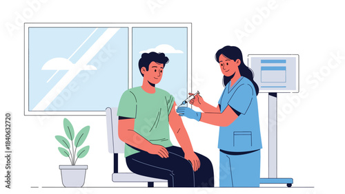 Nurse giving injection to patient in a clean medical room. Modern flat vector illustration for vaccination, immunization, and healthcare materials
