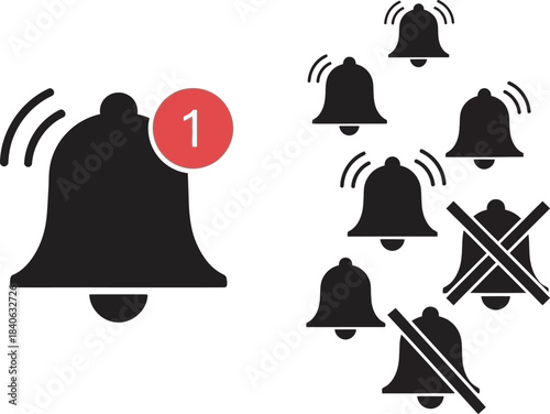 Notification icons set depicting alert messages and important updates in black and white