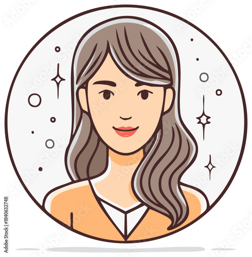 Illustration of Young Woman Portrait with Shoulder-Length Hair Inside Decorative Circle