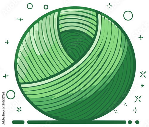 Green ball of yarn illustration. Decorative yarn ball, craft concept design.
