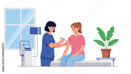 Nurse giving injection to patient in a clean medical room. Modern flat vector illustration for vaccination, immunization, and healthcare materials