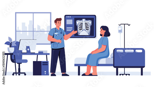 Doctor explaining X-ray results to patient in modern clinic. Flat vector illustration for diagnosis, radiology, consultation, and medical communication