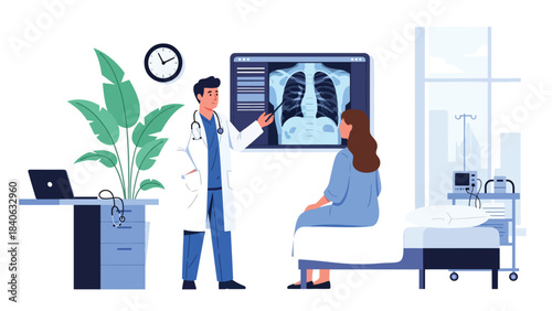 Doctor explaining X-ray results to patient in modern clinic. Flat vector illustration for diagnosis, radiology, consultation, and medical communication