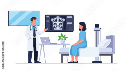 Doctor explaining X-ray results to patient in modern clinic. Flat vector illustration for diagnosis, radiology, consultation, and medical communication