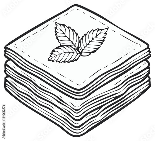 Hand-drawn illustration of stacked square pastries topped with mint leaves