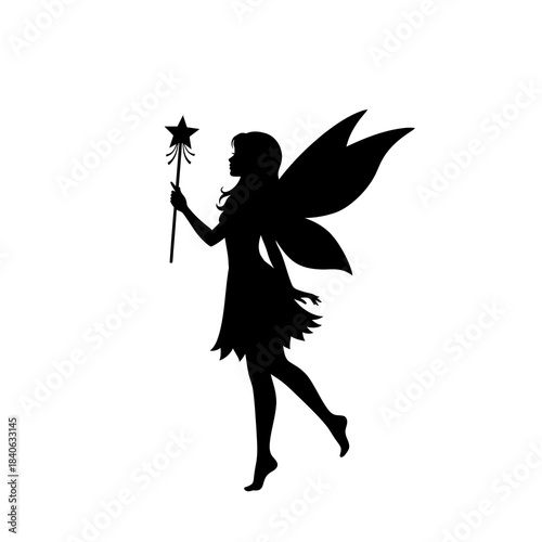 Fairy silhouette holding a star wand isolated on white background