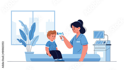 Doctor checking child’s temperature with digital thermometer in a friendly pediatric clinic. Flat vector for kids health and medical care