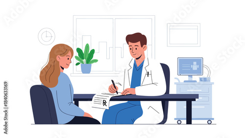 Doctor writing prescription while patient consults beside the desk. Modern flat medical illustration for healthcare, medication, and diagnosis needs