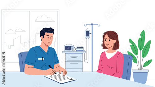 Doctor writing prescription while patient consults beside the desk. Modern flat medical illustration for healthcare, medication, and diagnosis needs