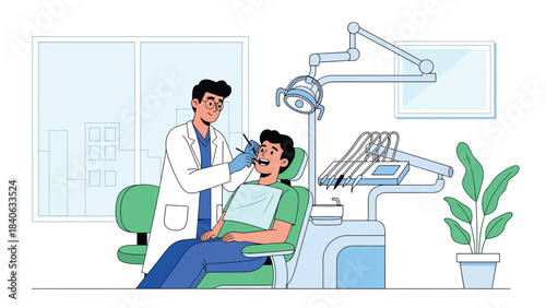 Dentist examining patient’s teeth in modern dental clinic. Flat vector illustration for oral care, dentistry, and medical services