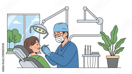 Dentist examining patient’s teeth in modern dental clinic. Flat vector illustration for oral care, dentistry, and medical services