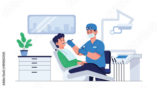 Dentist examining patient’s teeth in modern dental clinic. Flat vector illustration for oral care, dentistry, and medical services