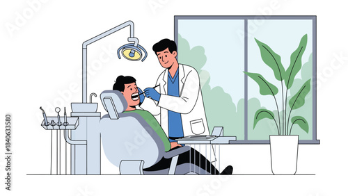 Dentist examining patient’s teeth in modern dental clinic. Flat vector illustration for oral care, dentistry, and medical services