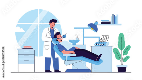 Dentist examining patient’s teeth in modern dental clinic. Flat vector illustration for oral care, dentistry, and medical services