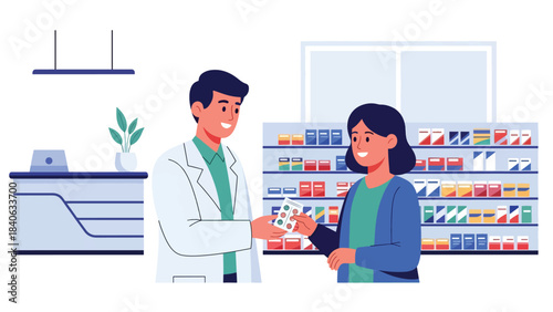Pharmacist handing medicine to customer in clean pharmacy interior. Flat vector illustration for medication, drugstore, and health products
