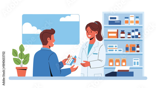 Pharmacist handing medicine to customer in clean pharmacy interior. Flat vector illustration for medication, drugstore, and health products