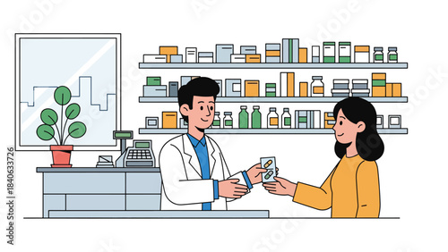 Pharmacist handing medicine to customer in clean pharmacy interior. Flat vector illustration for medication, drugstore, and health products