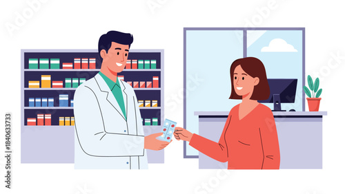 Pharmacist handing medicine to customer in clean pharmacy interior. Flat vector illustration for medication, drugstore, and health products