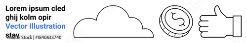 Digital networks, financial services, cloud computing, online approval, virtual currency, technology growth. A cloud, coin and hand gesture are . Digital networks and financial services focus