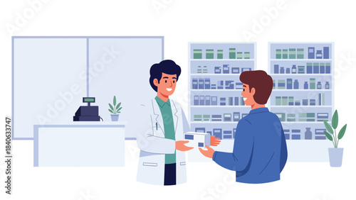 Pharmacist handing medicine to customer in clean pharmacy interior. Flat vector illustration for medication, drugstore, and health products