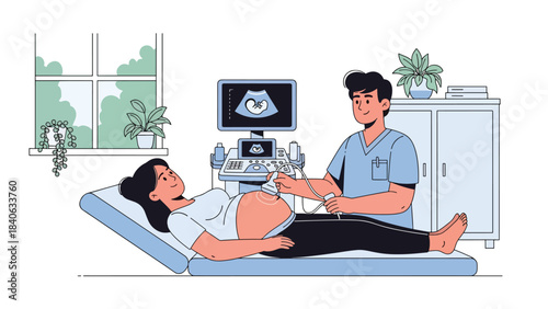 Doctor performing ultrasound scan for pregnant woman in maternity clinic. Flat vector illustration for pregnancy care and maternal health