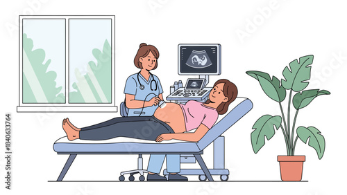Doctor performing ultrasound scan for pregnant woman in maternity clinic. Flat vector illustration for pregnancy care and maternal health