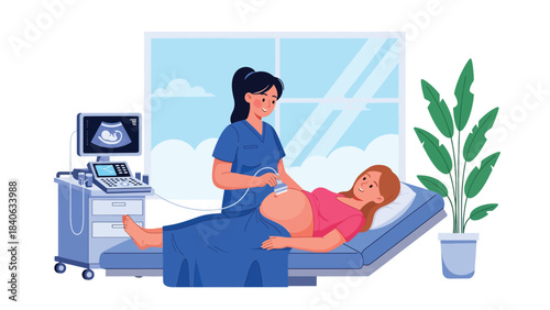 Doctor performing ultrasound scan for pregnant woman in maternity clinic. Flat vector illustration for pregnancy care and maternal health