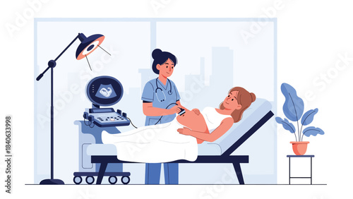 Doctor performing ultrasound scan for pregnant woman in maternity clinic. Flat vector illustration for pregnancy care and maternal health