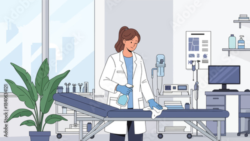 Healthcare worker sanitizing equipment in hospital hallway. Flat vector illustration for hygiene, safety, and medical cleanliness standards