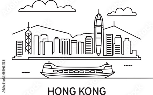 Continuous Line Art of Hong Kong Skyline with Star Ferry Minimal Outline Illustration