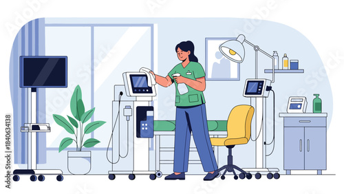 Healthcare worker sanitizing equipment in hospital hallway. Flat vector illustration for hygiene, safety, and medical cleanliness standards