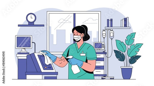 Healthcare worker sanitizing equipment in hospital hallway. Flat vector illustration for hygiene, safety, and medical cleanliness standards