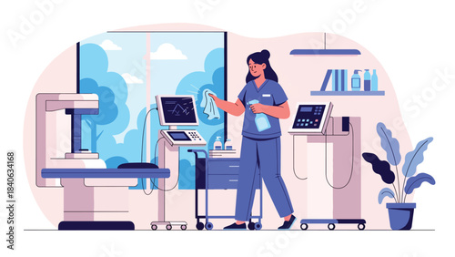 Healthcare worker sanitizing equipment in hospital hallway. Flat vector illustration for hygiene, safety, and medical cleanliness standards