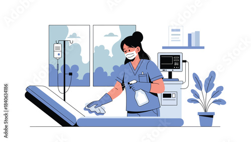 Healthcare worker sanitizing equipment in hospital hallway. Flat vector illustration for hygiene, safety, and medical cleanliness standards