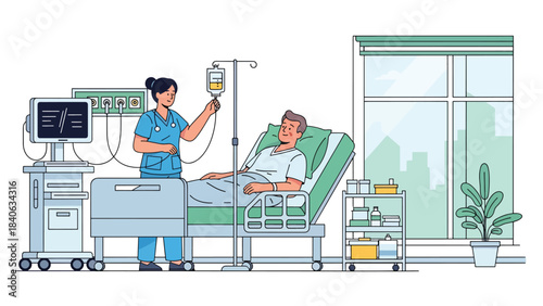 Nurse checking IV drip for patient in hospital bed. Clean flat vector illustration for medical care, treatment monitoring, and clinical services
