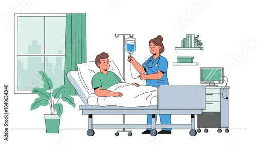 Nurse checking IV drip for patient in hospital bed. Clean flat vector illustration for medical care, treatment monitoring, and clinical services