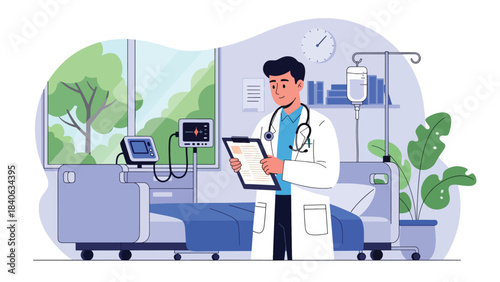Doctor reviewing patient chart beside hospital bed. Flat vector medical scene for diagnosis, treatment planning, and healthcare communication