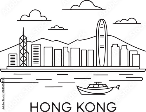 Continuous Line Art of Hong Kong Skyline with Symmetrical Harbor Shape Minimal Outline Illustration