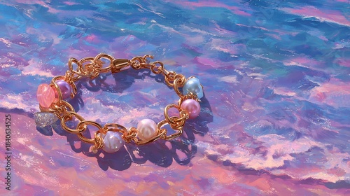 Artistic Jewelry: Golden bracelet with pastel pearls on impressionistic ocean background