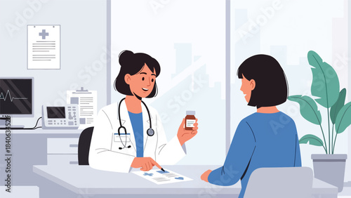 Doctor explaining medication instructions to patient. Flat vector illustration for healthcare guidance, pharmacy support, and medical consultation