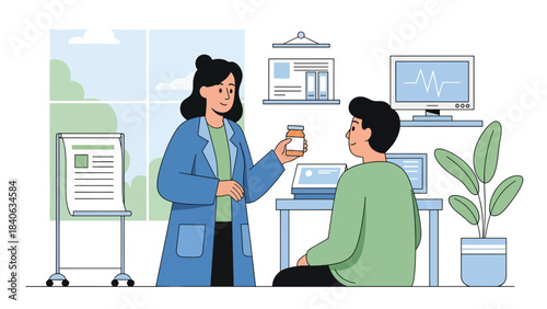 Doctor explaining medication instructions to patient. Flat vector illustration for healthcare guidance, pharmacy support, and medical consultation