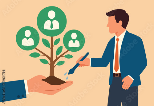 Career growth, HR human resources or organization, people management, career development strategy, employee skill or hiring, recruitment concept, businessman HR watering growing tree with employees.