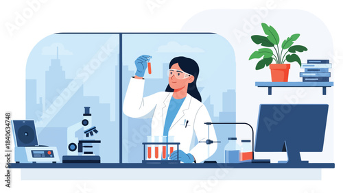 Scientist examining test tubes in a modern medical laboratory. Flat vector science illustration for research, diagnostics, and laboratory equipment