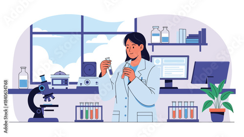 Scientist examining test tubes in a modern medical laboratory. Flat vector science illustration for research, diagnostics, and laboratory equipment