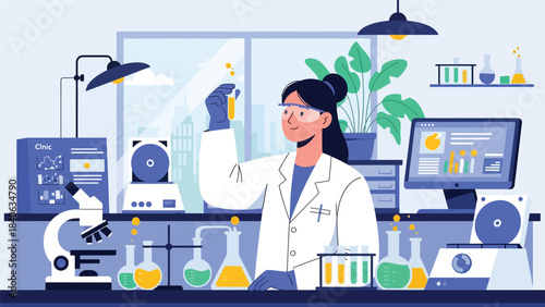 Scientist examining test tubes in a modern medical laboratory. Flat vector science illustration for research, diagnostics, and laboratory equipment