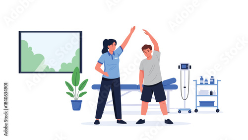 Physiotherapist guiding patient through stretching exercise in therapy room. Flat vector illustration for rehabilitation, recovery, and physical therapy