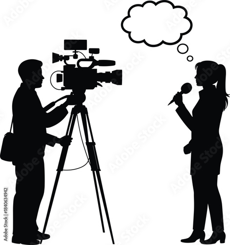 Cameraman filming female reporter vector silhouette, journalist interview, news broadcast, media production, video team
