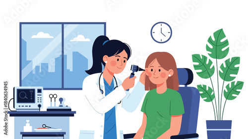 Doctor checking patient’s ear with otoscope. Flat vector illustration for ear examination, diagnosis, ENT services, and modern healthcare