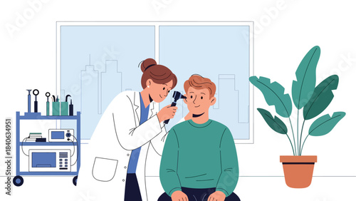 Doctor checking patient’s ear with otoscope. Flat vector illustration for ear examination, diagnosis, ENT services, and modern healthcare