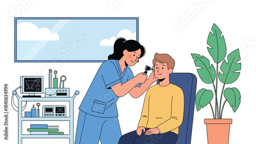 Doctor checking patient’s ear with otoscope. Flat vector illustration for ear examination, diagnosis, ENT services, and modern healthcare